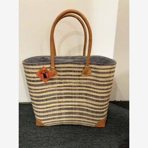 Madam Gr�skar - Strandtaske m. striber Lysegr�/Beige 42x31 cm.