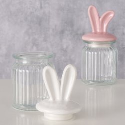 Opbevaringskrukke m/kanin�rer pink eller hvid, H:17 �:8 cm