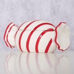 Opbevaringskrukke Bolche Porceln m/striber Rd/Hvid H: 10,5 B: 11,3 L: 20,5 cm.