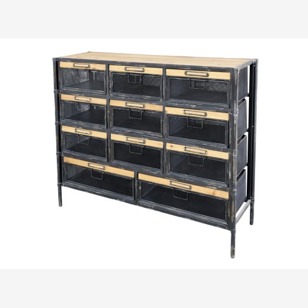 Chic Antique - Factory Kommode m/11 skuffer Patineret sort H86,5xB107xL34cm.