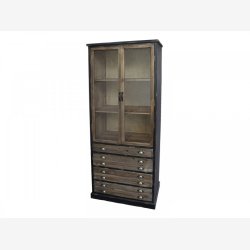 Chic Antique - Vitrineskab m/2 glaslger og 4 skuffer H191xB48xL80cm patineret sort.