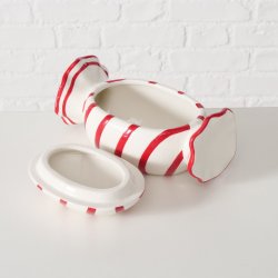 Opbevaringskrukke Bolche Porceln m/striber Rd/Hvid H: 10,5 B: 11,3 L: 20,5 cm.