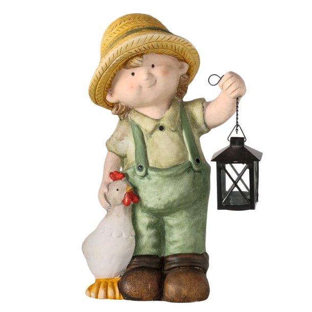 Figur Landdreng i keramik gr�n og gul m/fyrfadsstage L:25 B:13 H:41 cm