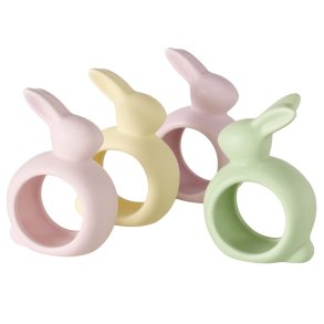 Servietringe Kanin s�t af 4 keramik gr�n/rosa/lilla/gul L:3 B:6 H:8,8 cm