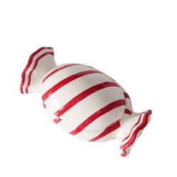 Opbevaringskrukke Bolche Porceln m/striber Rd/Hvid H: 10,5 B: 11,3 L: 20,5 cm.