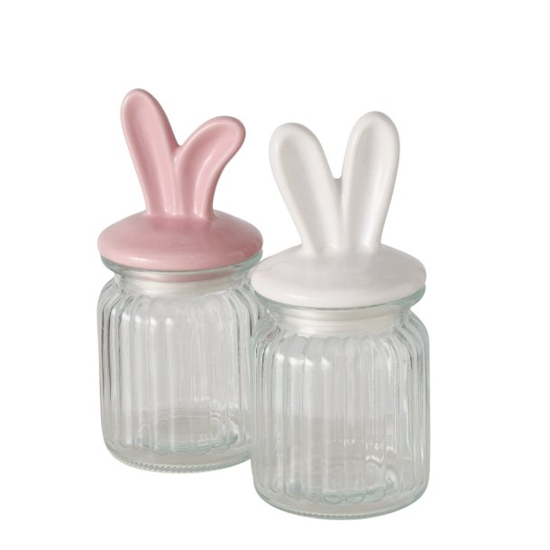 Opbevaringskrukke m/kanin�rer pink eller hvid, H:17 �:8 cm