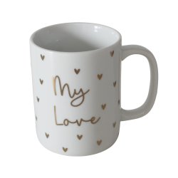 Jumbo krus k�rlighed/m tekst Guld, Hvid 2 varianter Porcel�n 12x8x10 cm 350ml