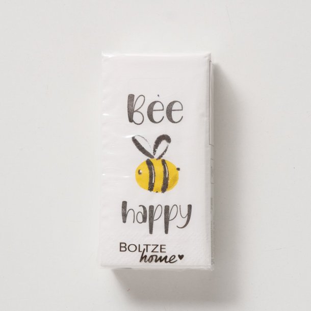 Servietter (lommeletter) m/tekst "Bee Happy" Sort, Hvid, Gul L:10,5 B:2,2cm
