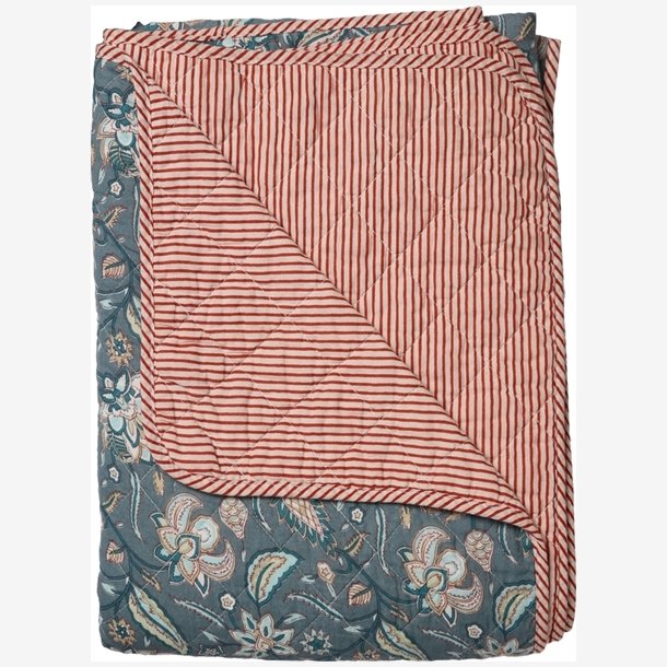 AU Maison - Quilt Ethnic Stor blomst m�rkebl�/r�d 140x180 cm.