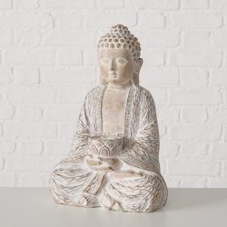 Buddha Figur m/lysholder Beige Polyresin H: 30 B: 20 D: 14 cm. 