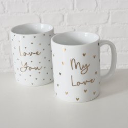 Jumbo krus k�rlighed/m tekst Guld, Hvid 2 varianter Porcel�n 12x8x10 cm 350ml