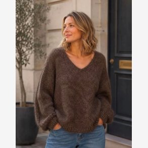 Lisbeth Merrild - Strikbluse m. v-udsk�ring Brun Onesize