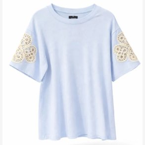 T-shirt m. hul broderi p� �rmerne Bl� Onesize Bomuld