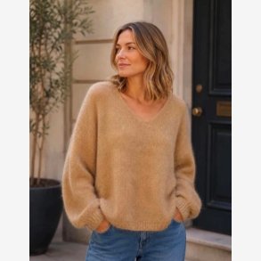 Lisbeth Merrild - Strikbluse m. v-udsk�ring Taupe Onesize