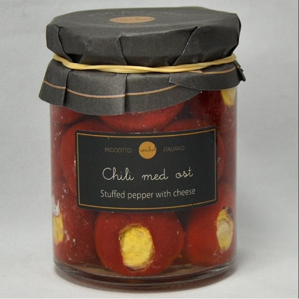 Chili m/fyld af ostecreme i olie 314 ml. 