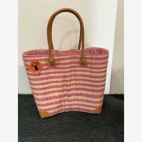 Madam Gr�skar - Strandtaske m. striber Lyser�d/Beige 43x32 cm.