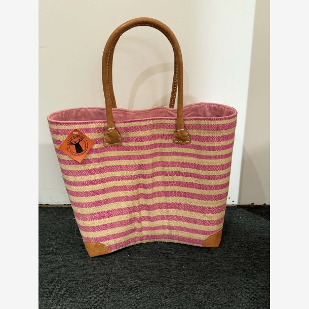 Madam Gr�skar - Strandtaske m. striber Lyser�d/Beige 43x32 cm.