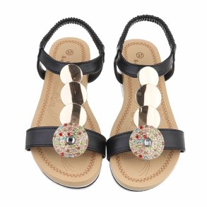 OLGA - Sandal m/elastik rem & gold detaljer Sort