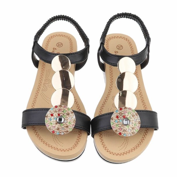 OLGA - Sandal m/elastik rem &amp; gold detaljer Sort
