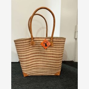 Madam Gr�skar - Strandtaske m/striber Brun/beige 41x31 cm.