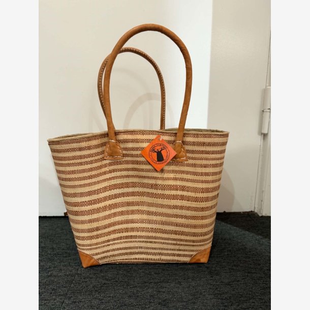 Madam Gr�skar - Strandtaske m/striber Brun/beige 41x31 cm.