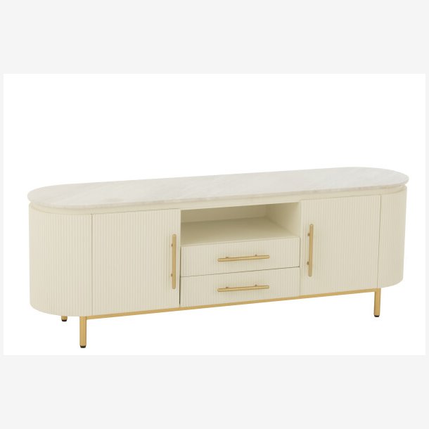J-Line - Tv bord m/marmor bordplade &amp; opbevaring 152x55x42cm, Hvid