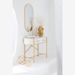 J-Line - Konsolbord m/marmor bordplade &amp; 2 skuffer 121x80x43cm, Hvid/Guld