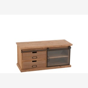 J-Line - TV bord m/2 skuffer & glaslge - massivt tr 100x45,5x39,5cm, Natur