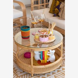 J-Line - Sofabord m. glas bordplade og under opbevaring 70x47x70cm, Natur 