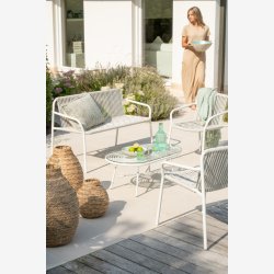 J-Line - Ovalt udendrs sofabord m/glas bordplade 90x35,5x50cm, Hvid