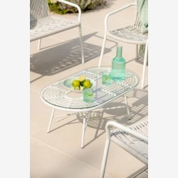 J-Line - Ovalt udendrs sofabord m/glas bordplade 90x35,5x50cm, Hvid