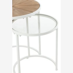 J-Line - St m. 2 sideborde i metal, glas og tr 50/40x50/40x56/43,5cm, Hvid og Natur