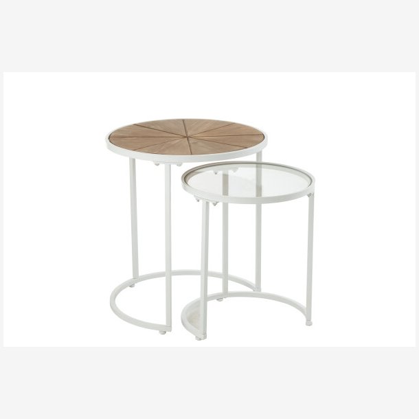 J-Line - St m. 2 sideborde i metal, glas og tr 50/40x50/40x56/43,5cm, Hvid og Natur