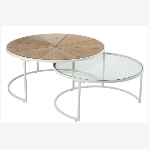 J-Line - St m. 2 sofaborde i tr, metal og glas 91/71x91/71x41/39cm, Hvid og Natur