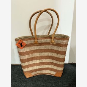 Madam Gr�skar - Strandtaske m. striber Brun/Beige 41x30 cm.