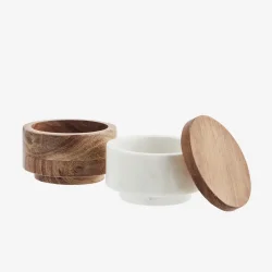 Madam Stoltz - Box rund 2 rum, Salt &amp; Peber kar, Hvid Marmor/Mangotr D: 8 : 9 cm.
