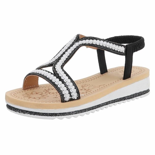 OLGA - Sandal Sort m/elastik rem &amp; Hvide detaljer
